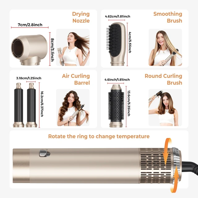 Alt view image 7 of 7 - 5-in-1 Blow Dryer Brush, Hot Air Styler with Auto-Wrap Curlers | Dry, smooth, volumize and curl with 5 attachments, 3 heat settings, 700W power and 360° swivel cord; 110-120V.