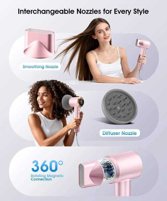 Alt view image 5 of 7 - Hair Dryer, Professional High-Speed Ionic Blow Dryer with Diffuser, 1500W | 150k RPM Fast Dry, 500M Ions Reduce Frizz & Damage, 0.71 lb Slim Grip, 49 dB Quiet, Magnetic Diffuser & Concentrator, Pink