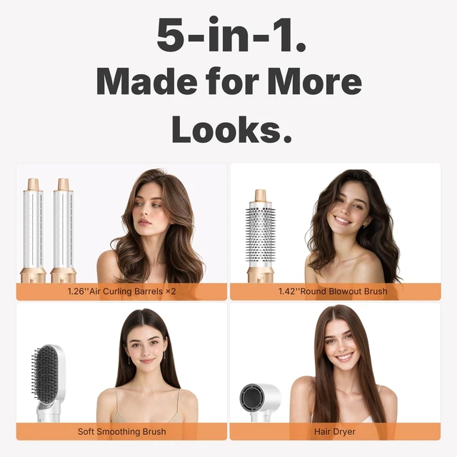 Alt view image 2 of 7 - 5 in 1 Blow Dryer Brush, Upgrade Hair Dryer Brush Set Multifunctional | Air Styler Curling Wrap Air Curler, Hot Air Brush Curling Iron Hair Styling Tools As A Gift for Straight/Curl/Dry/Smooth