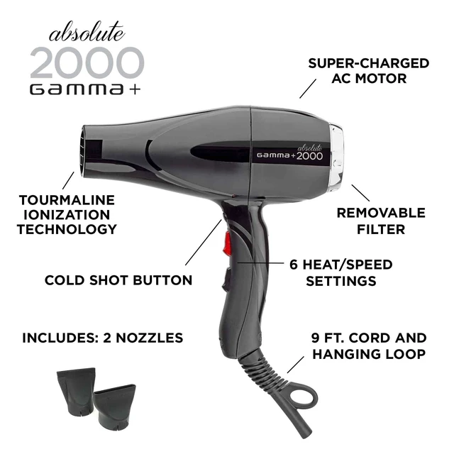 Alt view image 2 of 6 - Professional Absolute 2000 Hair Dryer Black, Tourmaline Ionization | 2000W AC Motor, Reduces Frizz, 6 Heat/Speed Settings, 9-Ft Cord