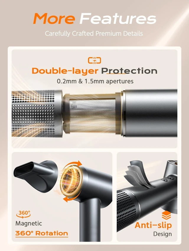 Alt view image 7 of 7 - Hair Dryer, 160000 RPM High-Speed Professional Blow Dryer for Fast Drying, 500M Negative Ionic Care Hair Dryer for, Low Noise Thermo-Control Travel Hairdryer with Diffuser & Nozzle,Luxury Packaging