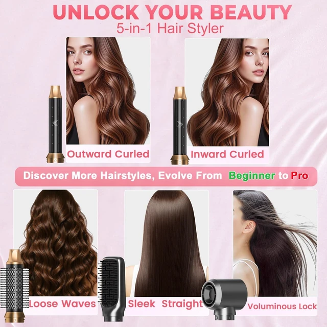 Alt view image 2 of 7 - 5-in-1 Hot Air Styler, Hair Dryer Brush with Auto-Wrap Curlers | Multi Hair Styling Tool with 3 Heat Settings, Curling Barrels and Straightening Comb for Drying, Curling and Straightening.