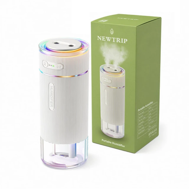 Main image of Portable Travel Humidifier, Mini Humidifier for Hotel Room, Car & Office | 2 Filter Cartridges, Dual Nozzle Large Mist, Ambiance Lighting, Car Mode, AntiDry Burn, 350ml Capacity, 6 Hours Working Time