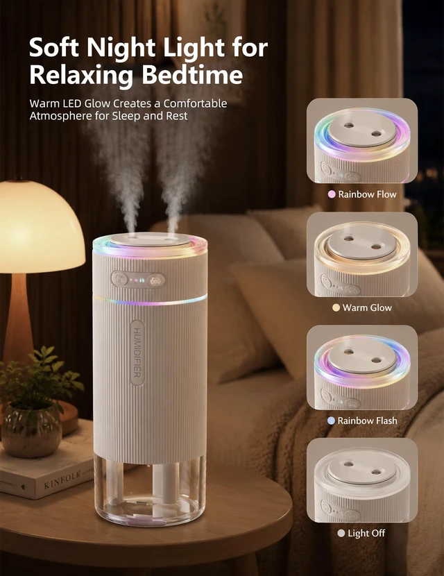 Alt view image 6 of 7 - Portable Travel Humidifier, Mini Humidifier for Hotel Room, Car & Office | 2 Filter Cartridges, Dual Nozzle Large Mist, Ambiance Lighting, Car Mode, AntiDry Burn, 350ml Capacity, 6 Hours Working Time