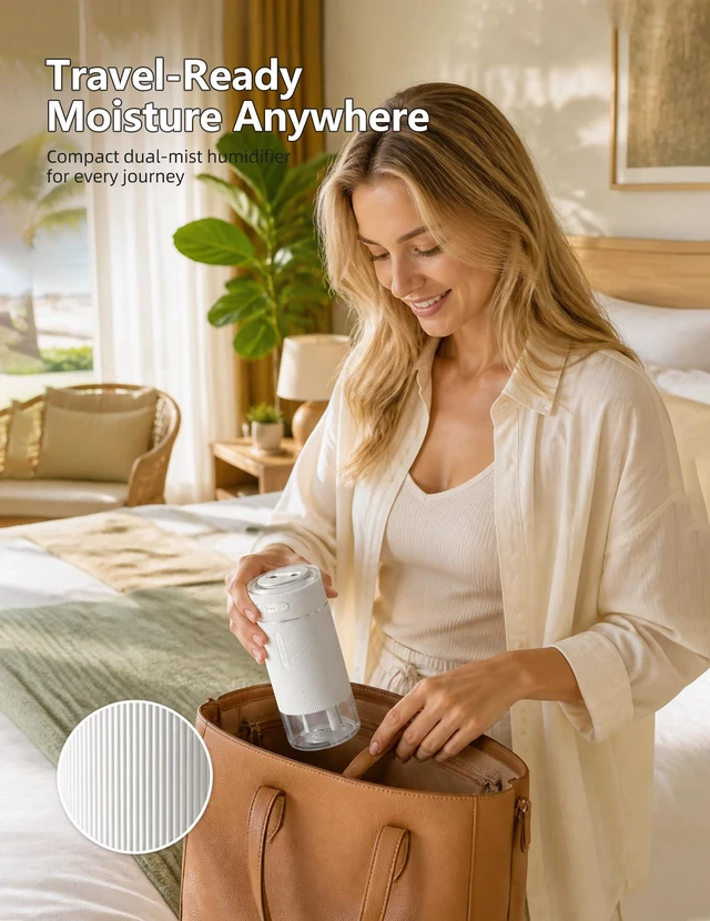 Alt view image 7 of 7 - Portable Travel Humidifier, Mini Humidifier for Hotel Room, Car & Office | 2 Filter Cartridges, Dual Nozzle Large Mist, Ambiance Lighting, Car Mode, AntiDry Burn, 350ml Capacity, 6 Hours Working Time