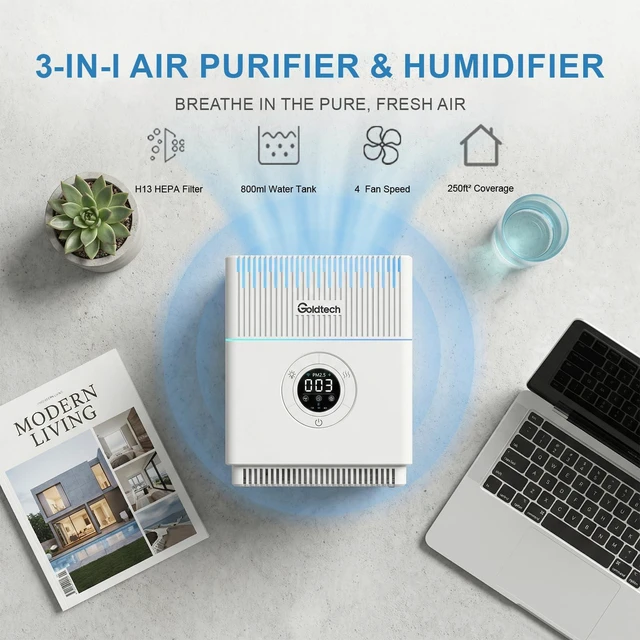 Alt view image 2 of 7 - Air Purifier and Humidifier Combo for Office Bedroom | Covers Up to 250 ft²,Quiet Sleep Mode, Up to 20H Runtime,7-Color Light,800ML Water Tank, H13 True HEPA Filter
