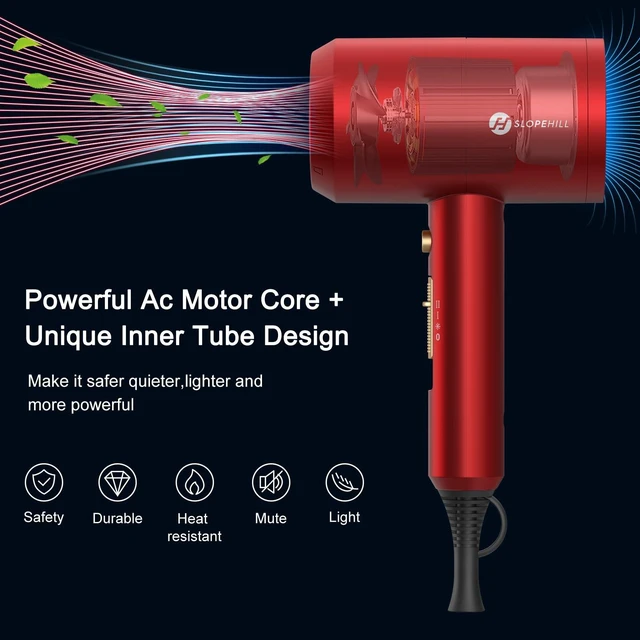 Alt view image 2 of 7 - Professional Ionic Hair Dryer, Powerful 1800W Fast Drying Low Noise Blow Dryer with 2 Concentrator Nozzle 1 Diffuser Attachments for Home Salon Travel (Agate Red)