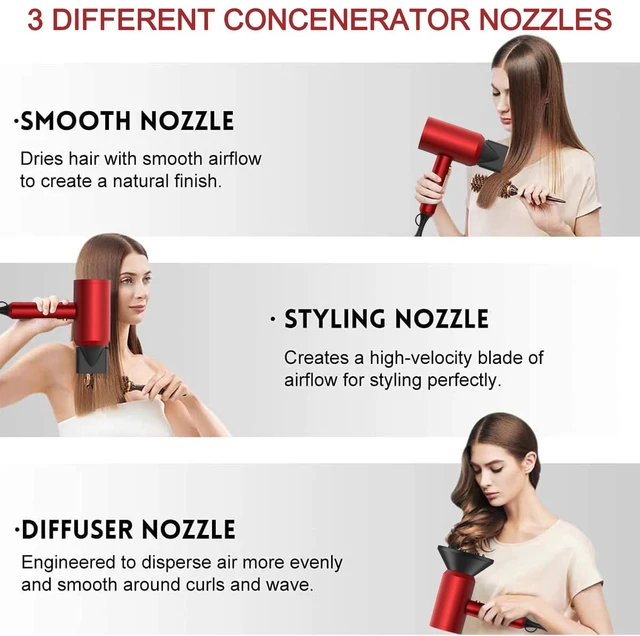 Alt view image 3 of 7 - Professional Ionic Hair Dryer, Powerful 1800W Fast Drying Low Noise Blow Dryer with 2 Concentrator Nozzle 1 Diffuser Attachments for Home Salon Travel (Agate Red)