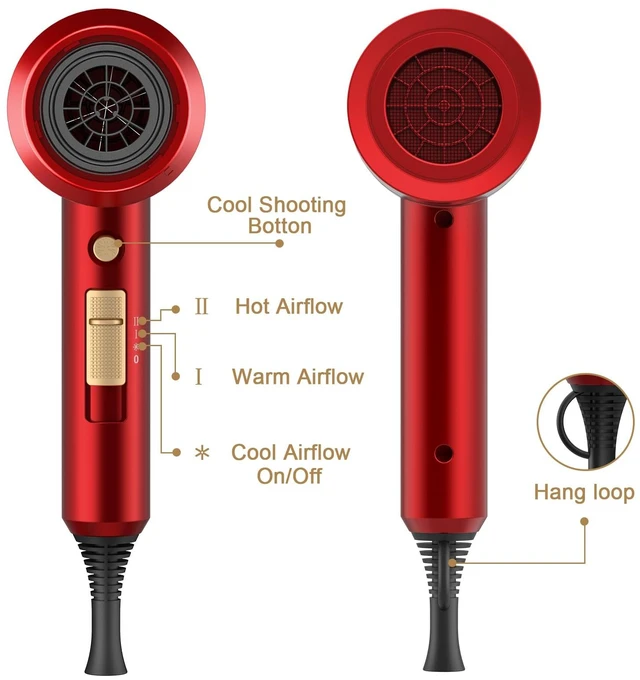 Alt view image 4 of 7 - Professional Ionic Hair Dryer, Powerful 1800W Fast Drying Low Noise Blow Dryer with 2 Concentrator Nozzle 1 Diffuser Attachments for Home Salon Travel (Agate Red)
