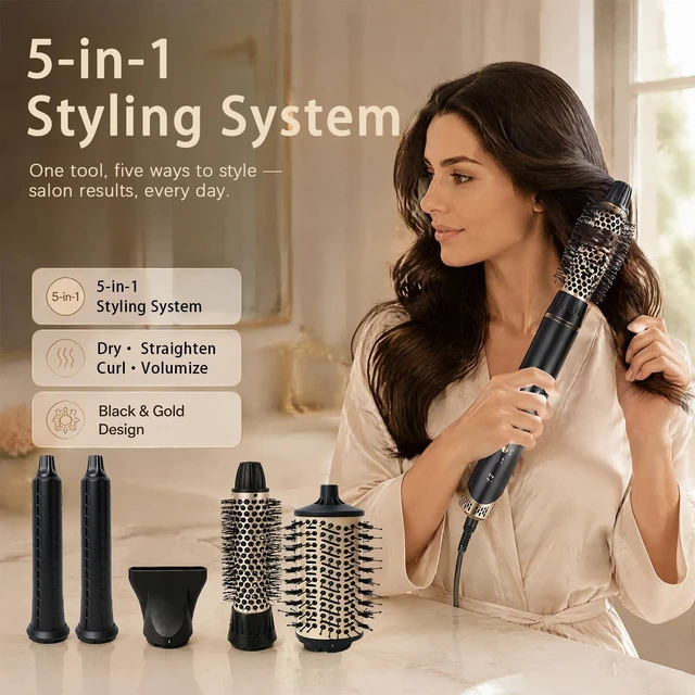 Alt view image 2 of 7 - 5 in 1 Blow Dryer Brush, Hair Dryer Air Wrap Hair Styler | Professional Negative Ionic Straightener Brush for Curling/Fast Drying/Volumizing/Straightening Styling