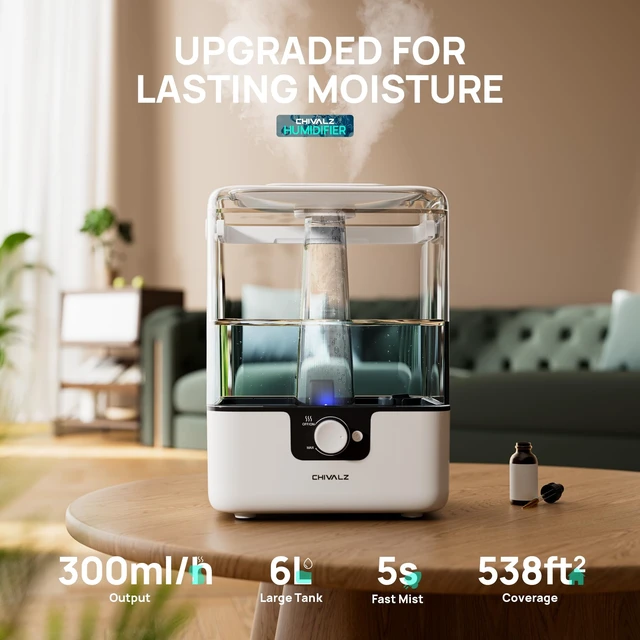 Alt view image 2 of 7 - Humidifiers for Bedroom Large Room, 6L Cool Mist Top Fill Humidifier with Essential Oil Diffuser, 26dB Quiet Ultrasonic Humidifier for Baby Nursery Plants, 50H Runtime Night Light 1 Pack White
