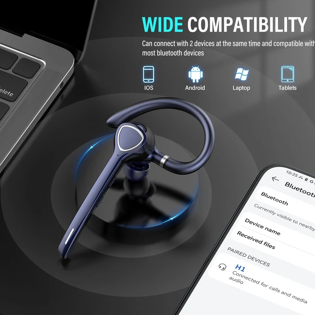 Alt view image 2 of 7 - Bluetooth Headset, Single-Ear ENC Mic, Mute Button, 90H Hands-Free Earpiece | APTX HD Audio, Dual Device Connectivity, Lightweight All-Day Comfort, Noise Cancelling Mic, Ideal for Truckers & Office