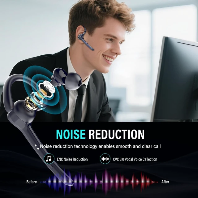 Alt view image 6 of 7 - Bluetooth Headset, Single-Ear ENC Mic, Mute Button, 90H Hands-Free Earpiece | APTX HD Audio, Dual Device Connectivity, Lightweight All-Day Comfort, Noise Cancelling Mic, Ideal for Truckers & Office