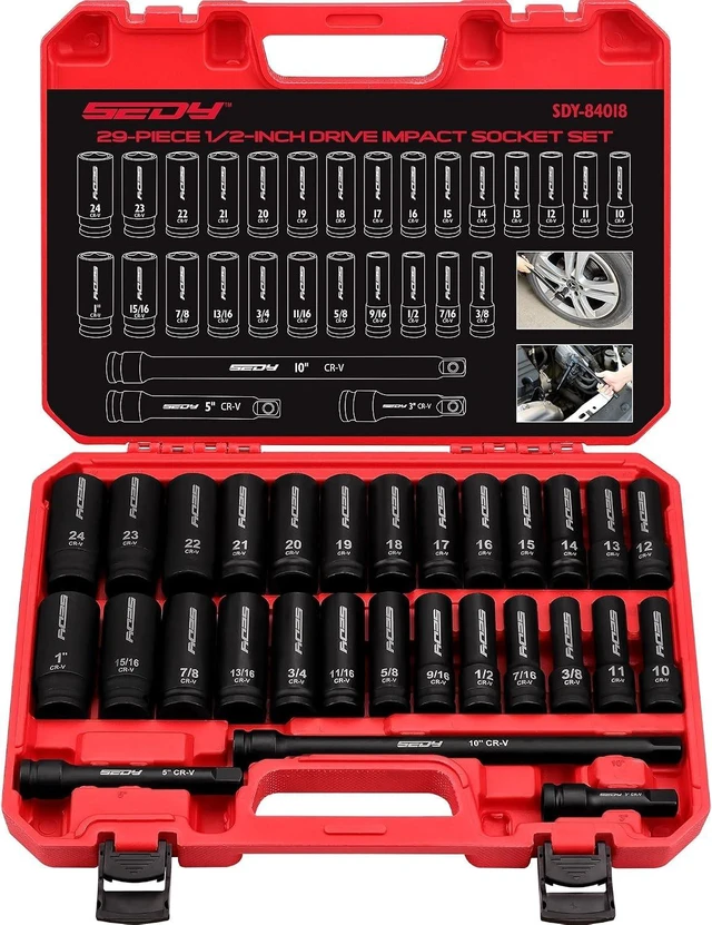Main image of 29-Piece 1/2" Drive Impact Socket Set, (3/8 to 1 inch) and Metric (10-24mm) Sizes with Extension Bars Standard Deep Socket Set CR-V Material High Durability Impact Wrench