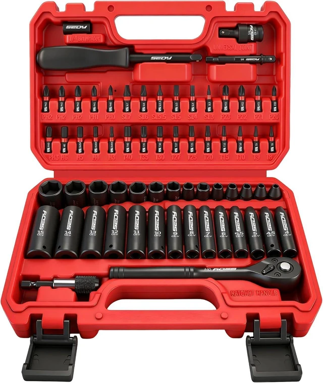 Main image of 64-Piece 1/4" Drive Impact Socket Wrench Driver-Bits Set, Cr-V Metric&SAE Deep and Shallow Socket Set, S2 Power Bits with Quick-Release Ratchet Handle, Universal Joint, Bit Holder, Power Drill Adapter