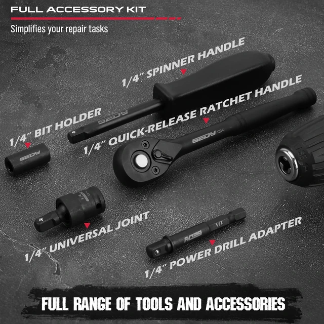 Alt view image 5 of 7 - 64-Piece 1/4" Drive Impact Socket Wrench Driver-Bits Set, Cr-V Metric&SAE Deep and Shallow Socket Set, S2 Power Bits with Quick-Release Ratchet Handle, Universal Joint, Bit Holder, Power Drill Adapter