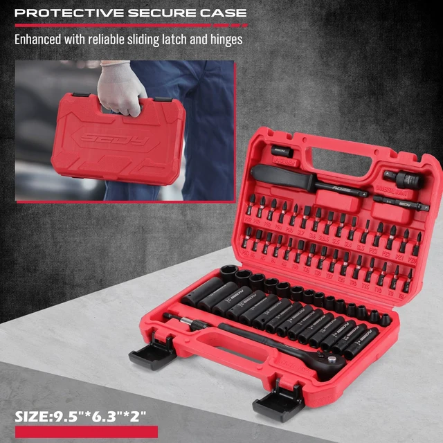 Alt view image 6 of 7 - 64-Piece 1/4" Drive Impact Socket Wrench Driver-Bits Set, Cr-V Metric&SAE Deep and Shallow Socket Set, S2 Power Bits with Quick-Release Ratchet Handle, Universal Joint, Bit Holder, Power Drill Adapter
