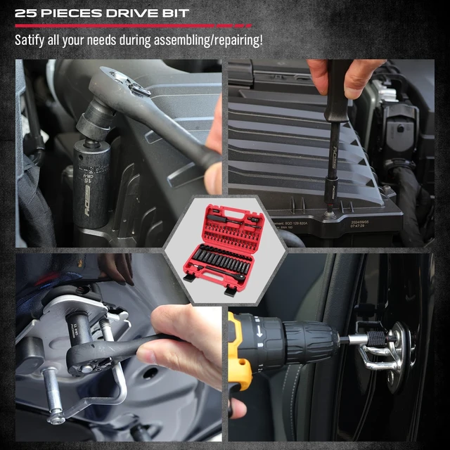 Alt view image 7 of 7 - 64-Piece 1/4" Drive Impact Socket Wrench Driver-Bits Set, Cr-V Metric&SAE Deep and Shallow Socket Set, S2 Power Bits with Quick-Release Ratchet Handle, Universal Joint, Bit Holder, Power Drill Adapter