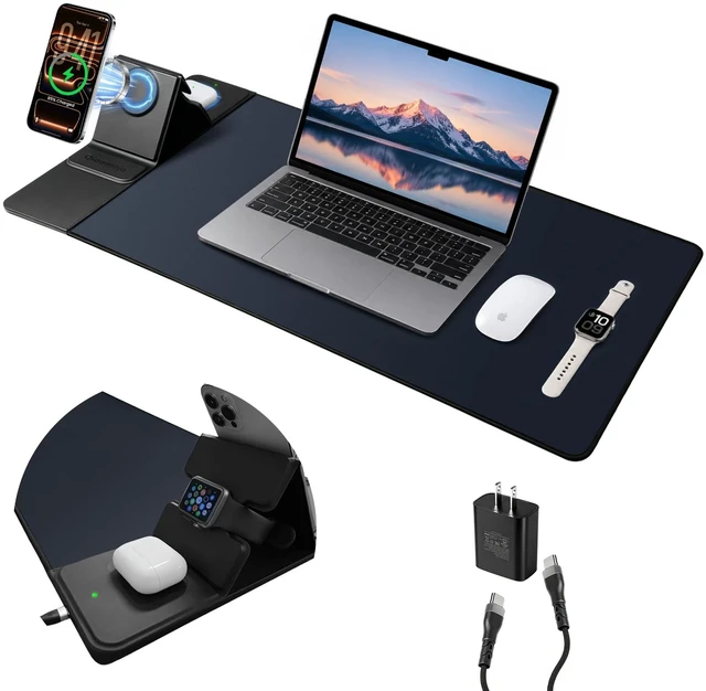 Main image of 3-in-1 Magnetic Wireless Charging Mouse Pad, Foldable Phone Stand | 15W Fast Charging 34.7"x14.6" XXL Large Desk Mat, Non-Slip Gaming Mousepad for Laptop Keyboard, 35W PD Adapter, Black