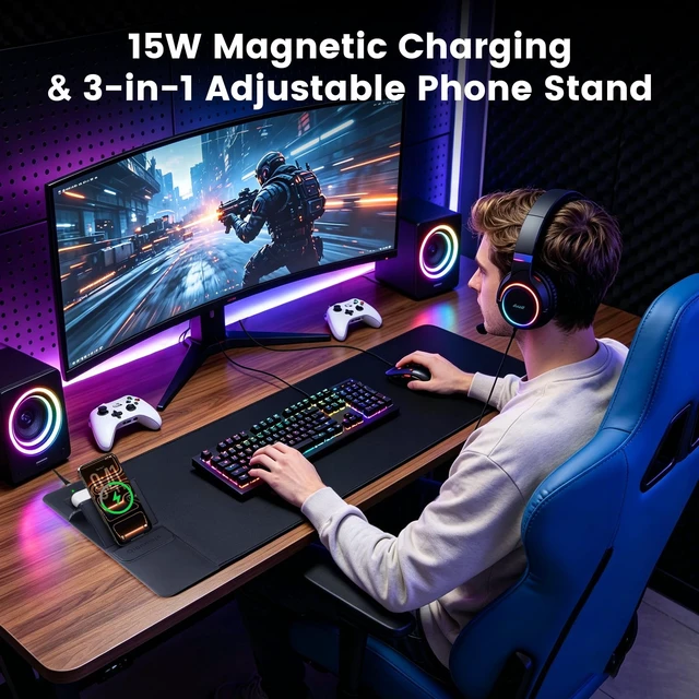 Alt view image 4 of 7 - 3-in-1 Magnetic Wireless Charging Mouse Pad, Foldable Phone Stand | 15W Fast Charging 34.7"x14.6" XXL Large Desk Mat, Non-Slip Gaming Mousepad for Laptop Keyboard, 35W PD Adapter, Black