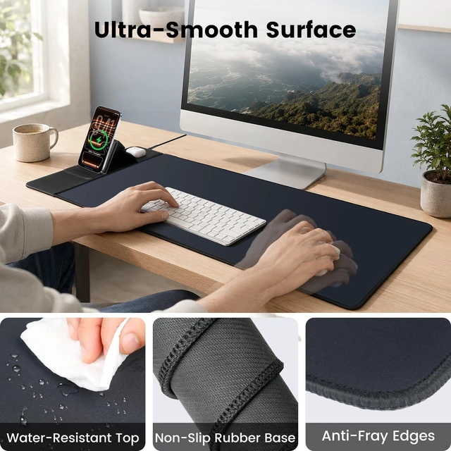 Alt view image 6 of 7 - 3-in-1 Magnetic Wireless Charging Mouse Pad, Foldable Phone Stand | 15W Fast Charging 34.7"x14.6" XXL Large Desk Mat, Non-Slip Gaming Mousepad for Laptop Keyboard, 35W PD Adapter, Black