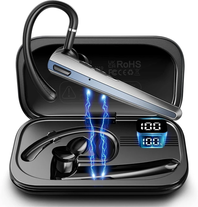 Main image of V5.3 Wireless Bluetooth Earpiece, 1000mAh Charging Case, Up to 96H Talk Time, DualMic Noise Cancelling HandsFree Headset for Cell Phones Computer Trucker Office Use, Flat Black