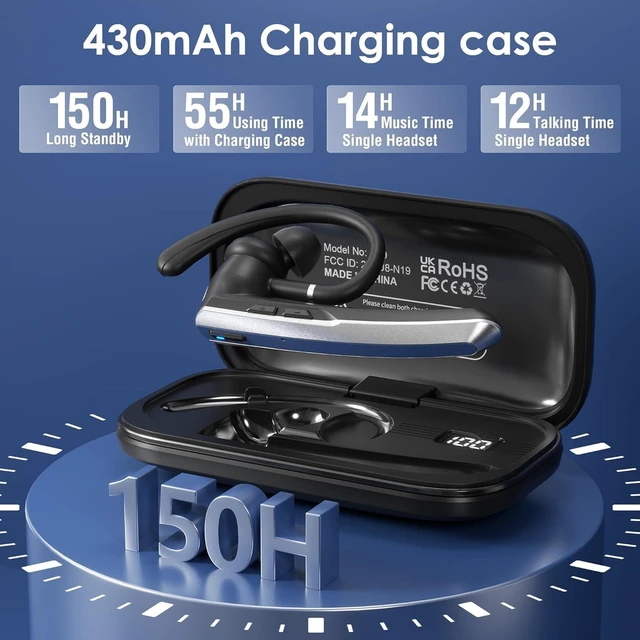Alt view image 2 of 6 - V5.3 Wireless Bluetooth Earpiece, 1000mAh Charging Case, Up to 96H Talk Time, DualMic Noise Cancelling HandsFree Headset for Cell Phones Computer Trucker Office Use, Flat Black