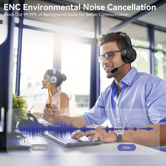 Alt view image 2 of 7 - Headset with Microphone, Noise Cancelling Wireless Headset with Mic for Work, Bluetooth 5.3 Dual Connection, 60H Battery, Mute Button, Bluetooth Headphones with Mic for PC/Laptop/Zoom/Teams