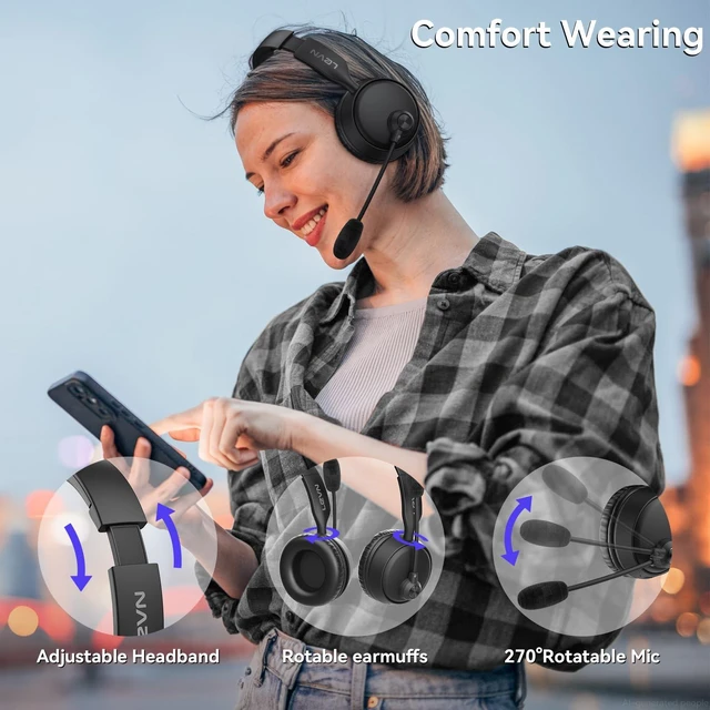 Alt view image 3 of 7 - Headset with Microphone, Noise Cancelling Wireless Headset with Mic for Work, Bluetooth 5.3 Dual Connection, 60H Battery, Mute Button, Bluetooth Headphones with Mic for PC/Laptop/Zoom/Teams