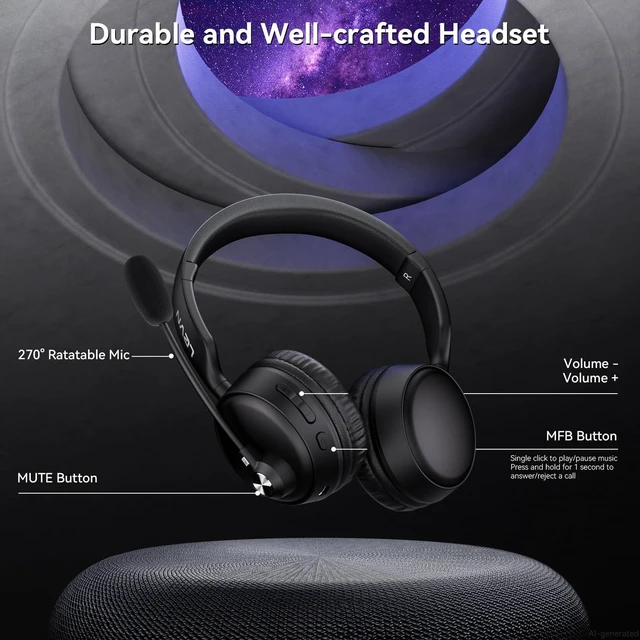 Alt view image 5 of 7 - Headset with Microphone, Noise Cancelling Wireless Headset with Mic for Work, Bluetooth 5.3 Dual Connection, 60H Battery, Mute Button, Bluetooth Headphones with Mic for PC/Laptop/Zoom/Teams