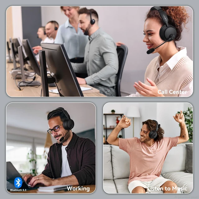 Alt view image 7 of 7 - Headset with Microphone, Noise Cancelling Wireless Headset with Mic for Work, Bluetooth 5.3 Dual Connection, 60H Battery, Mute Button, Bluetooth Headphones with Mic for PC/Laptop/Zoom/Teams