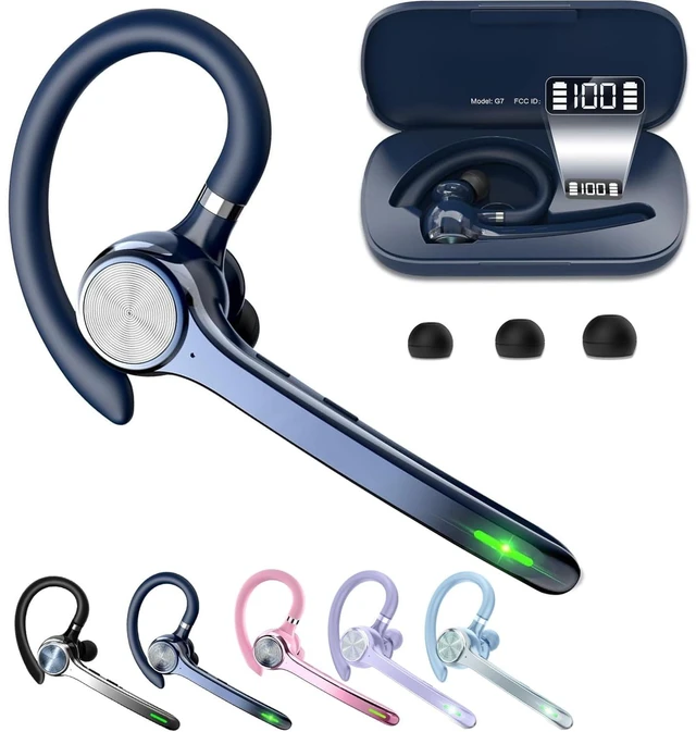 Main image of Bluetooth Headset, Wireless Earpiece with Mic for Work | 72H Playtime, 500mAh Charging Case, Hands-Free Calling with Mute Button for Work, Trucker, Office, Driving, iPhone, Dark Blue