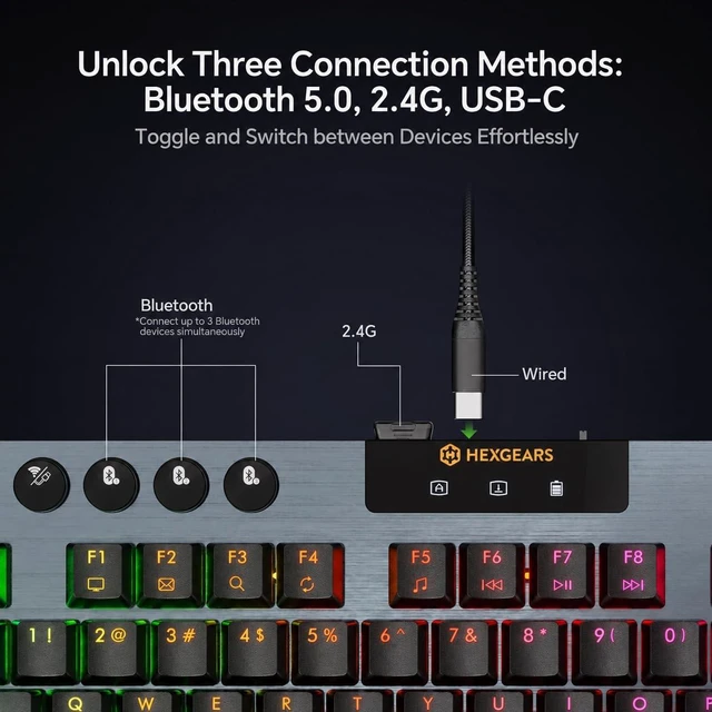 Alt view image 5 of 7 - Immersion A3 Low Profile Wireless Mechanical Keyboard, Tactile | Bluetooth 5.0/2.4GHz/USB C, Hot Swappable, RGB Backlit, TFT Screen, 5800mAh Battery, Aluminum, for PC/MAC