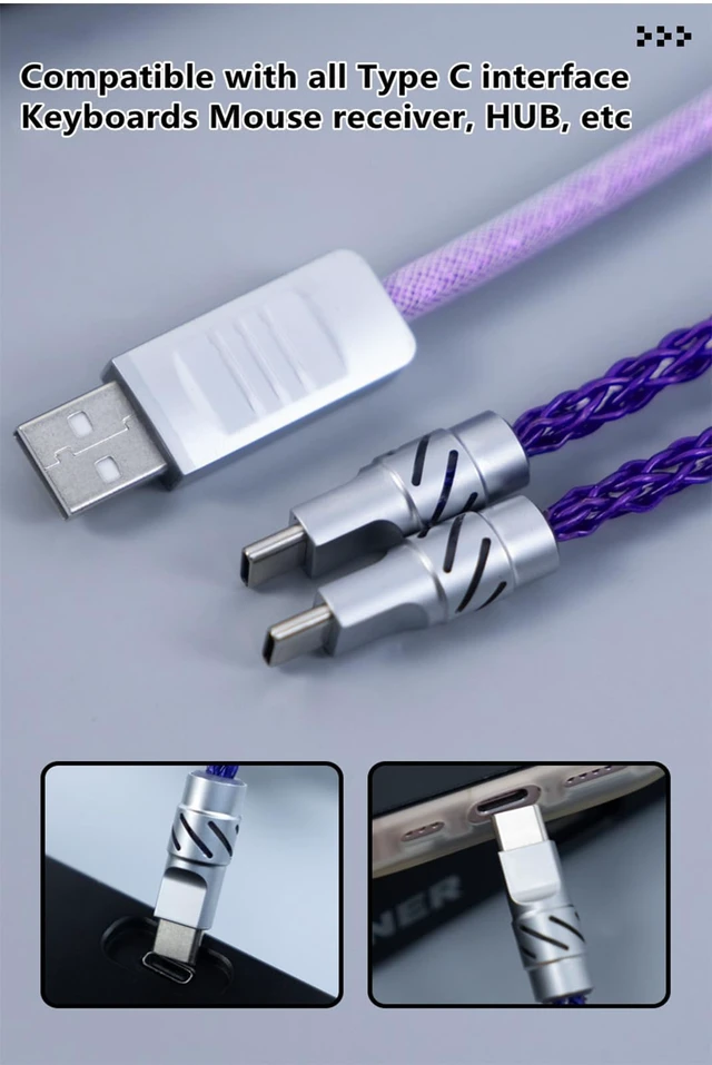 Alt view image 6 of 7 - 2-IN-1 USB C Dual 8K Mechanical Keyboard Magnetic Axis Cable , Thick Braided RGB Flash Cable, Stable Without Interruption, Metal Aviation Plug for Mechanical Keyboards/Mice/Hubs, 1.5Meter (White)