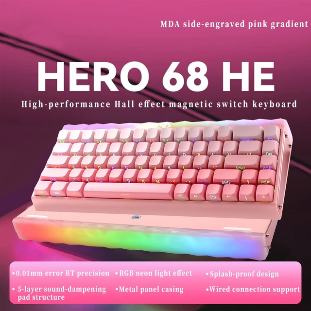 Alt view image 2 of 7 - Aula Hero68HE Gaming Mechanical Keyboard with Magnetic Switches - 8KHz, 128K Rapid Trigger, Wired RGB, Water-Resistant (Pink Gradient)
