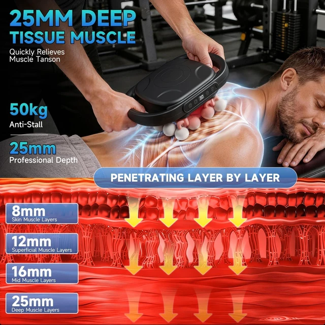 Alt view image 3 of 7 - 16 Head Massage Gun Deep Tissue,10/20/30Mins Electric Back Muscle Massager | Cordless Percussion Massager for Athletes,50KG Thrust,20 Levels 9 Modes Full Body Massager Tool Pain Relief & Recovery,Gym