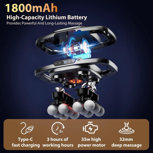 Alt view image 2 of 7 - 12-Head Massage Gun - Back Massager with 30 Speed & Levels | Multi Head Massage Gun with 1800mAh Rechargeable Battery, Portable for Back Neck Leg Shoulder & Office Gym Home