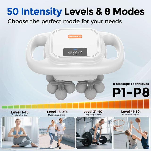 Alt view image 6 of 7 - 16-Head Massage Gun Set, Deep Tissue Percussion Massager with 8 Modes & 50 Intensities, Ultra-Quiet Electric Massage Tool for Back, Neck, Shoulders & Legs, Full Body Muscle Pain Relief, Gray