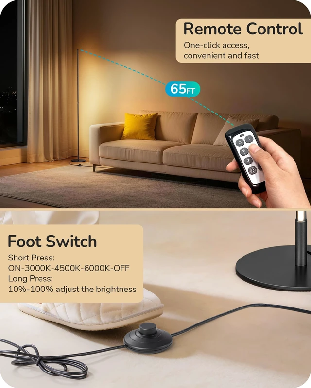 Alt view image 3 of 7 - 59.8" Floor Lamp with Remote & 3 Height Settings, Dimmable & 3CCT | Foot Switch, Stable KD Structure, Modern Floor Lamps for Living Room, Bedroom, Office, Black
