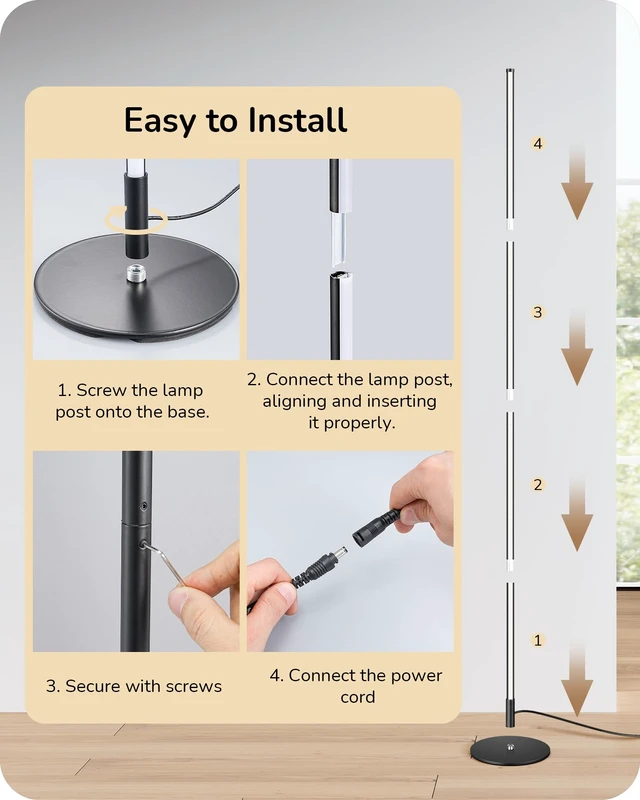 Alt view image 6 of 7 - 59.8" Floor Lamp with Remote & 3 Height Settings, Dimmable & 3CCT | Foot Switch, Stable KD Structure, Modern Floor Lamps for Living Room, Bedroom, Office, Black