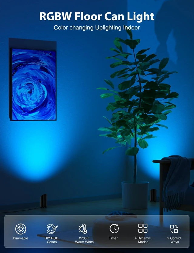 Alt view image 2 of 7 - 7W RGB Smart Uplights Indoor Color Changing Floor Can Light, 2 Pack | Up Lights with Foot Switch & Remote, Timer, 2700K, Dimmable Spotlights Indoor for Corner Sofa Plant Home Accent Lighting