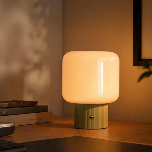 Main image of Cordless Rechargeable Mushroom Table Lamp with 3 Color Temps LED Dimmable | Small Retro Table Lamp with 10000mAh Battery & Touch Control, Glass Shade Ambient Mood Lighting for Bedroom Decor, Yellow