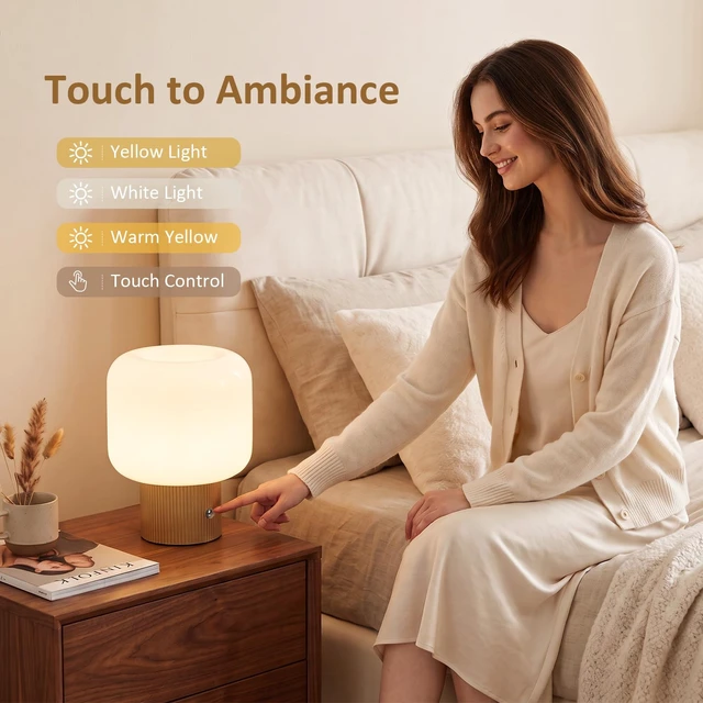 Alt view image 2 of 7 - Cordless Rechargeable Mushroom Table Lamp with 3 Color Temps LED Dimmable | Small Retro Table Lamp with 10000mAh Battery & Touch Control, Glass Shade Ambient Mood Lighting for Bedroom Decor, Yellow
