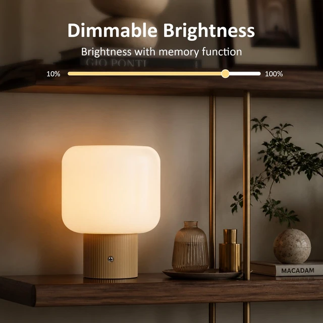 Alt view image 4 of 7 - Cordless Rechargeable Mushroom Table Lamp with 3 Color Temps LED Dimmable | Small Retro Table Lamp with 10000mAh Battery & Touch Control, Glass Shade Ambient Mood Lighting for Bedroom Decor, Yellow