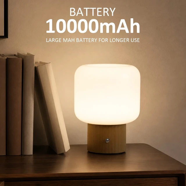 Alt view image 6 of 7 - Cordless Rechargeable Mushroom Table Lamp with 3 Color Temps LED Dimmable | Small Retro Table Lamp with 10000mAh Battery & Touch Control, Glass Shade Ambient Mood Lighting for Bedroom Decor, Yellow