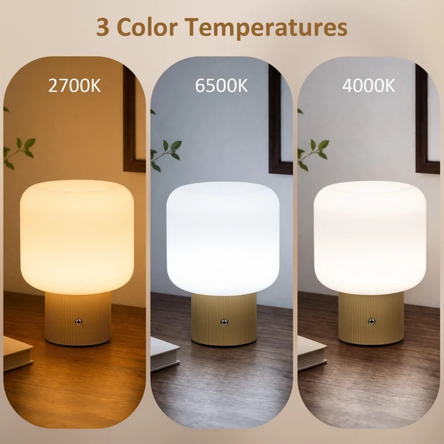 Alt view image 3 of 7 - Cordless Rechargeable Mushroom Table Lamp with 3 Color Temps LED Dimmable | Small Retro Table Lamp with 10000mAh Battery & Touch Control, Glass Shade Ambient Mood Lighting for Bedroom Decor, Yellow