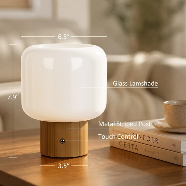 Alt view image 5 of 7 - Cordless Rechargeable Mushroom Table Lamp with 3 Color Temps LED Dimmable | Small Retro Table Lamp with 10000mAh Battery & Touch Control, Glass Shade Ambient Mood Lighting for Bedroom Decor, Yellow
