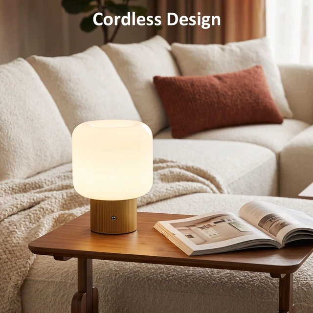 Alt view image 7 of 7 - Cordless Rechargeable Mushroom Table Lamp with 3 Color Temps LED Dimmable | Small Retro Table Lamp with 10000mAh Battery & Touch Control, Glass Shade Ambient Mood Lighting for Bedroom Decor, Yellow