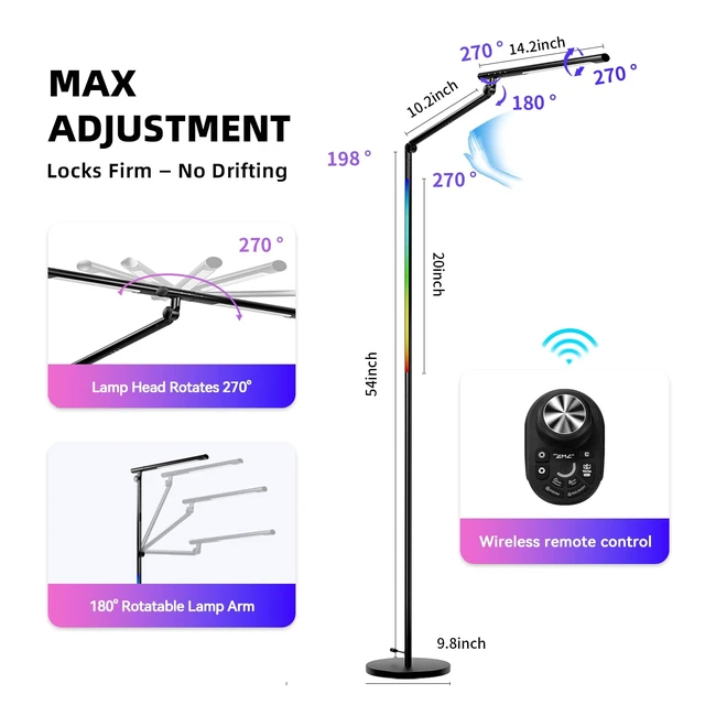 Alt view image 2 of 6 - RGB Floor Lamp Music Sync, Adjustable Tattoo Light with Remote, Black | Task & RGB Ambient Light, Adjustable CCT & Brightness, Flexible Height & Angle Adjustable, Night Light, Timer Auto Off