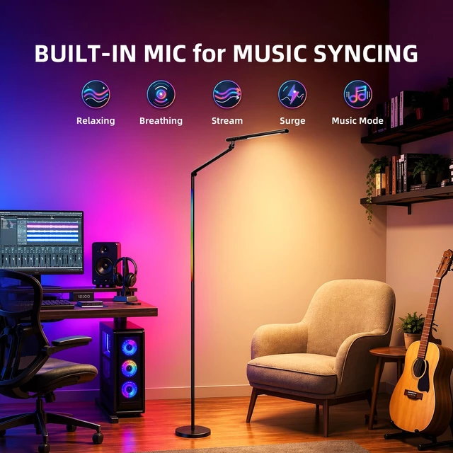 Alt view image 4 of 6 - RGB Floor Lamp Music Sync, Adjustable Tattoo Light with Remote, Black | Task & RGB Ambient Light, Adjustable CCT & Brightness, Flexible Height & Angle Adjustable, Night Light, Timer Auto Off